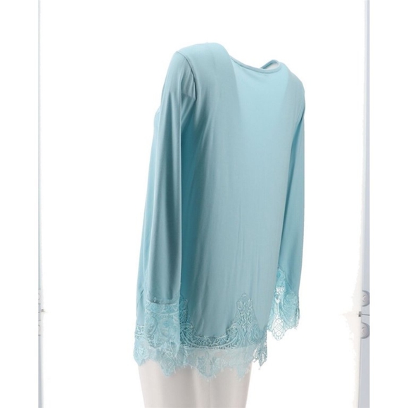 Colleen Lopez Long Bell Sleeve Lace Inset Porcelain Blue XL Blouse - Picture 9 of 13